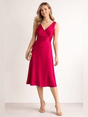 J. Crew 100% Silk Vibrant Pink Sleeveless V-Neck Midi Dress